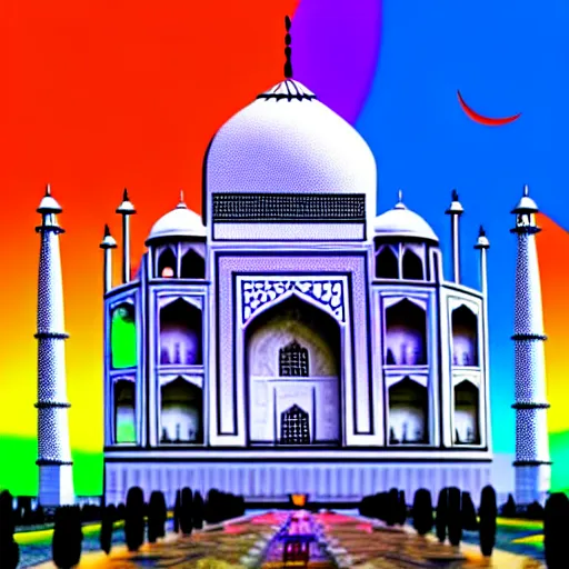 Image similar to futuristic taj mahal painted in rainbow colors. photorealistic. brightly lit scene. this 4 k hd image is trending on artstation, featured on behance, well - rendered, extra crisp, features intricate detail, epic composition and the style of unreal engine.