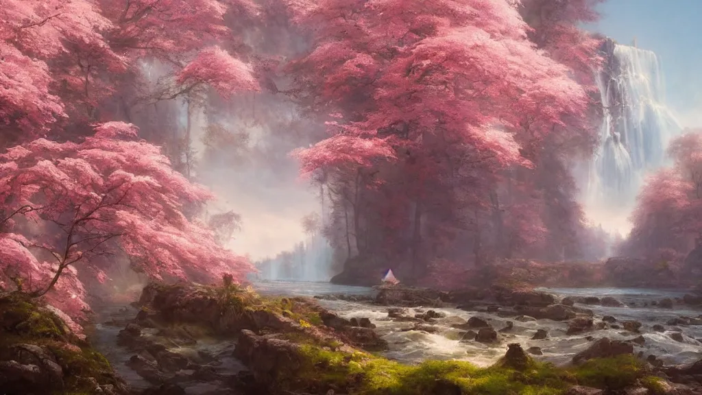 Image similar to the most beautiful panoramic landscape, oil painting, where a giant dreamy waterfall creates a river, the trees around are starting to bloom in pink color, by greg rutkowski