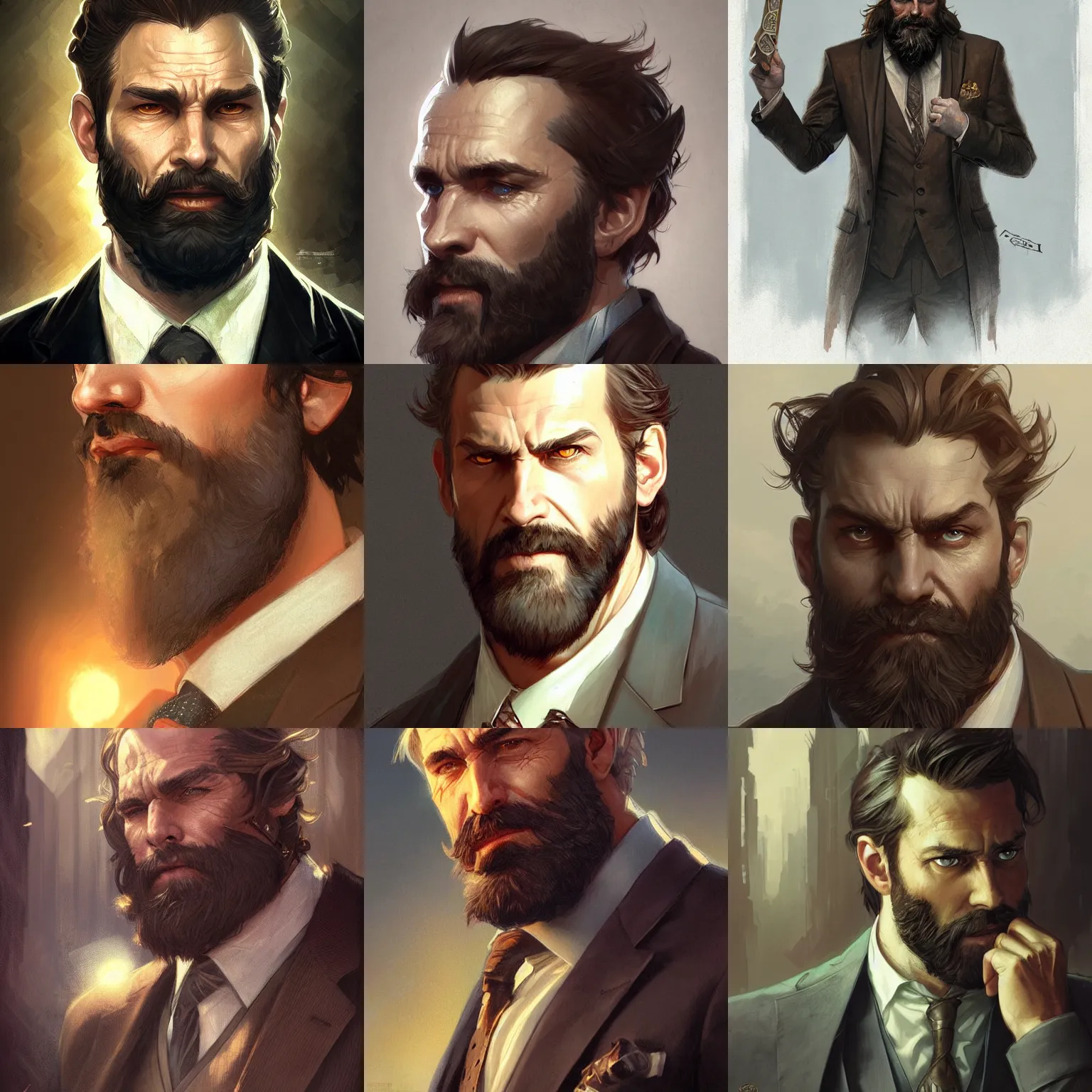 Prompt: rugged bearded man in suit, fantasy, D&D, portrait, highly detailed, digital painting, artstation, concept art, sharp focus, illustration, art by artgerm and greg rutkowski and alphonse mucha