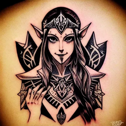 Image similar to tattoo design, stencil, portrait of princess zelda by artgerm, symmetrical face, beautiful