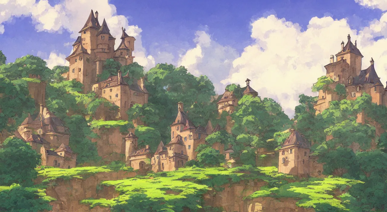 Prompt: a landscape painting of a French castle, with a square, in the style of anime, by Studio Ghibli, trending on artstation