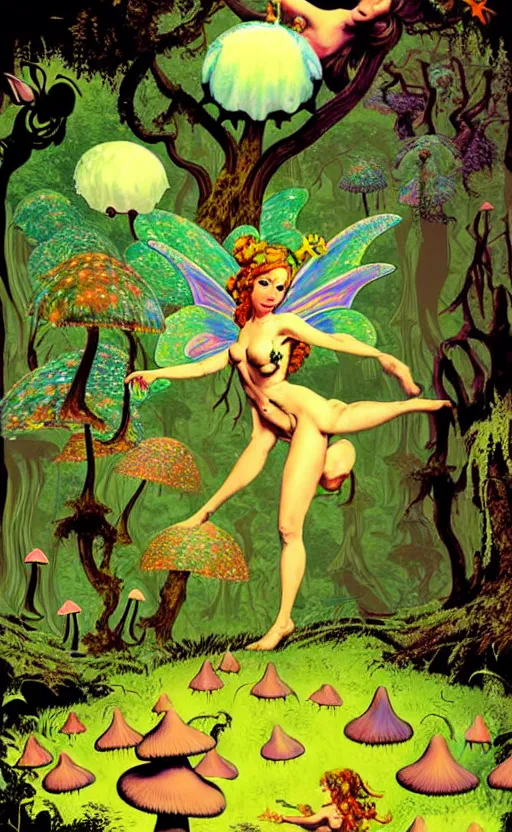 Image similar to psychedelic fairies in an enchanted forest with mushrooms on the ground wide angle shot, white background, vector art, illustration by frank frazetta and salvador dali