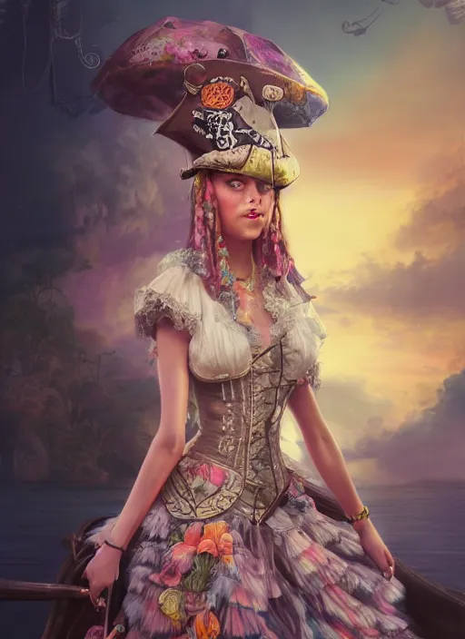 Image similar to detailed realistic full body colorful pastel painting of a pirate female in intricate clothing, beautiful face, elegant pose, fantasy, illustration, insanely detailed and intricate, octane render, 4k