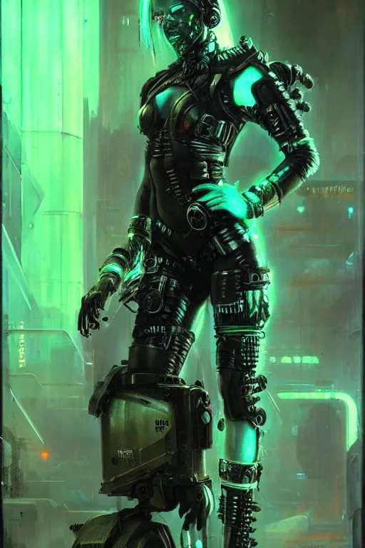 Prompt: a cybergoth warhammer character, dystopian mood, cinematic film look, super realistic , neon, sci-fi character portrait by gaston bussiere, craig mullins