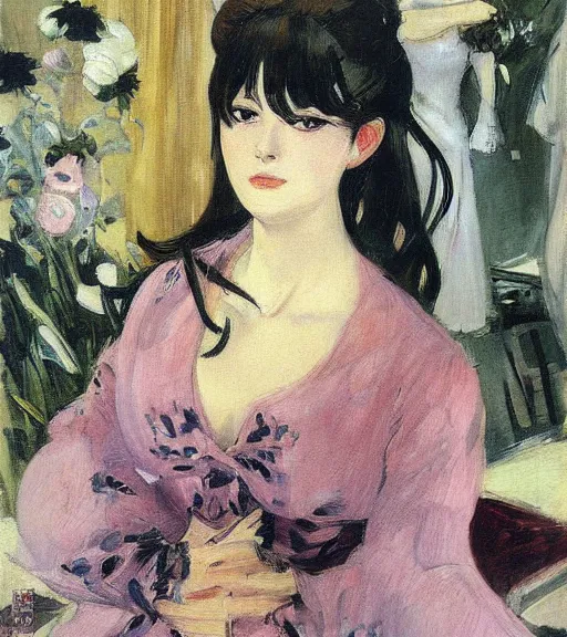 Prompt: valentin serov painting of an anime woman