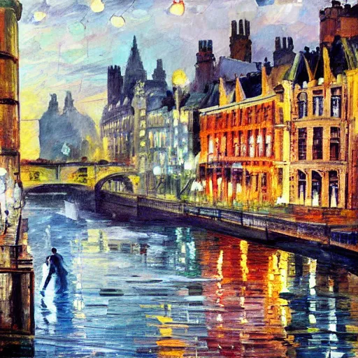 Prompt: 1960's London street by the river Thames by William Henrits, Hovik Zohrabyan, Linda Wilder, Ken Hong Leung, Johan Messelm, Leonid Afremov