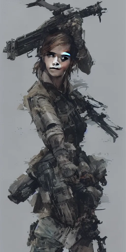 Image similar to emma watson wearing metal gear armor holding ak-47 dramatic lighting art by Yoji Shinkawa by Richard Schmid by greg rutkowski by Sandra Chevrier by Jeremy Lipking cinematic dramatic