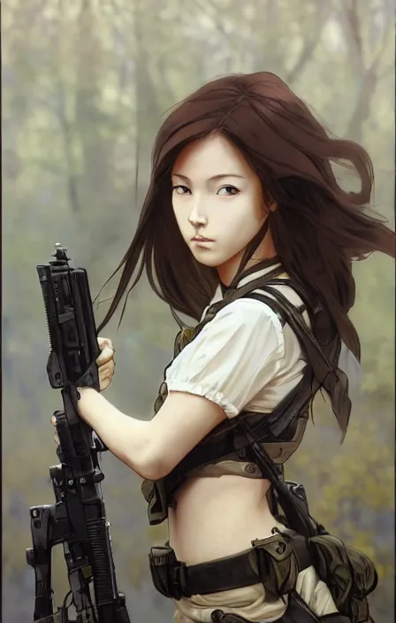 Image similar to infantry girl, anime style, symmetrical facial features long hair, hair down, under heavy fire, explosions, wallpaper, hyper realistic, pale skin, rule of thirds, extreme detail, 4 k, detailed drawing, trending artstation, realistic lighting, trading card, by alphonse mucha, greg rutkowski, sharp focus, backlit, fast helmet