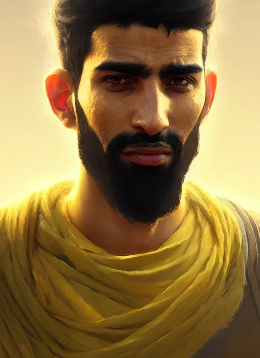 Prompt: highly detailed portrait arab man modern, fighter, yellow charcoal, stephen bliss, 8 k, unreal engine, fantasy art by greg rutkowski, loish, rhads, ferdinand knab, makoto shinkai and lois van baarle, ilya kuvshinov, rossdraws, tom bagshaw, global illumination, radiant light, detailed and intricate environment