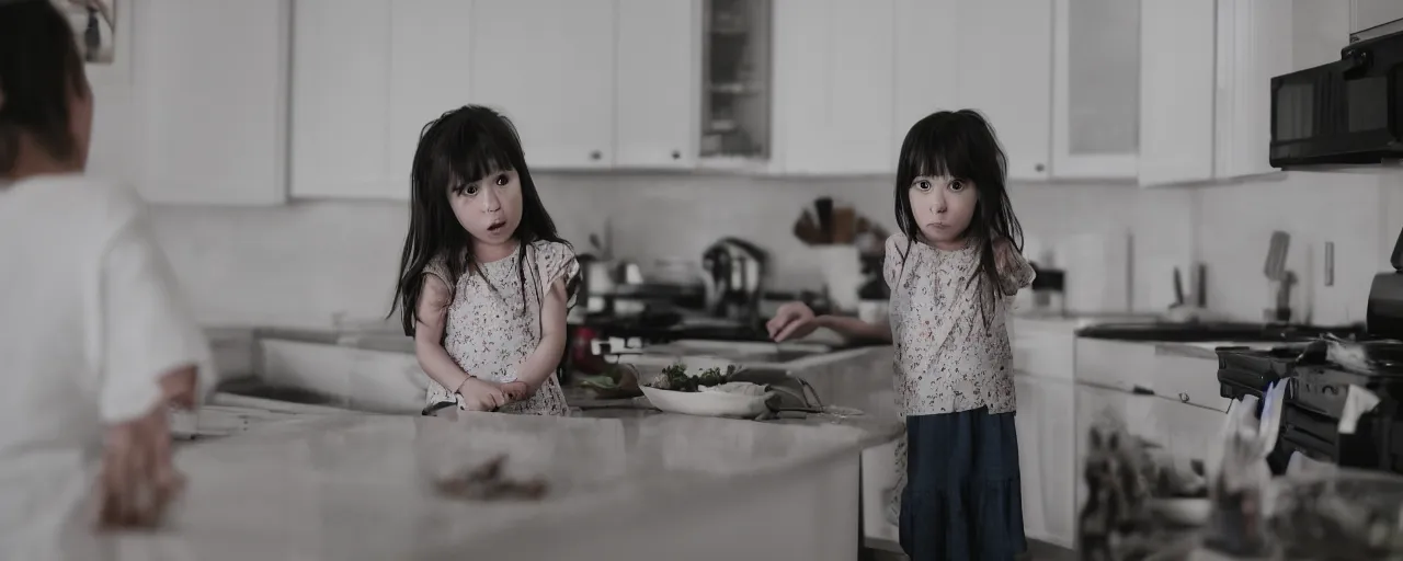 Image similar to cinematic shot of a little girl seeing her parents argue in the kitchen, dark, shot on 24mm Arri Prime f1.9