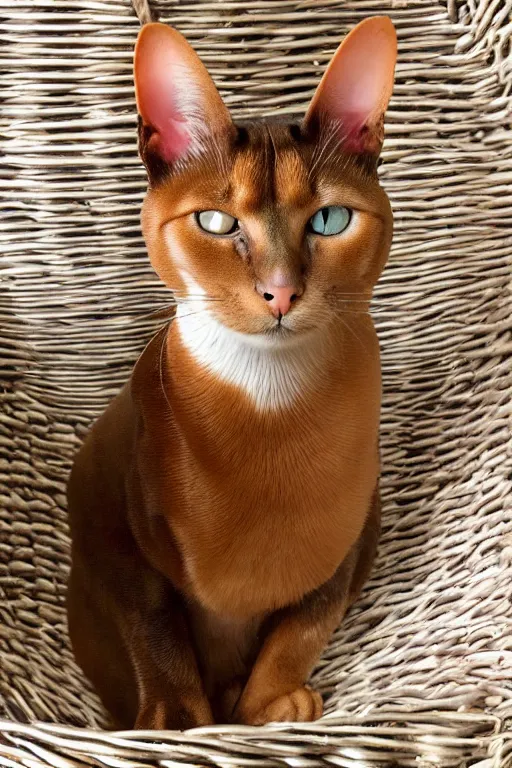 Prompt: a beautiful havanna brown oriental cat in a cane basket