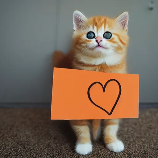 Image similar to cute fluffy orange tabby kitten with a sign that says