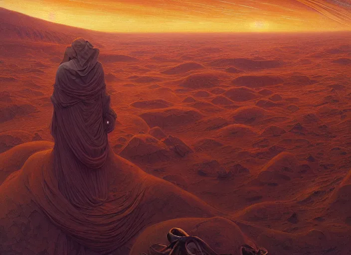 Prompt: martian chronicles, by jean delville and sophie anderson and mandy jurgens and ralph mac quarrie and james jean, immaculate scale, moody atmosphere, cinematic atmospheric, cinematic lighting, golden ratio, perfect composition, elegant, no crop, extremely detailed, 4 k, hd, sharp focus, masterpiece, trending on artstation