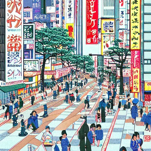 Prompt: a beautiful painting of a bustling city street in tokyo japan by hiroshi nagai and hirohiko araki, detailed line art