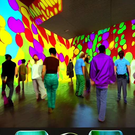 Image similar to Virtual Reality junkies, groups of people, HMD, ecstasy emotion, colorful, realistic render