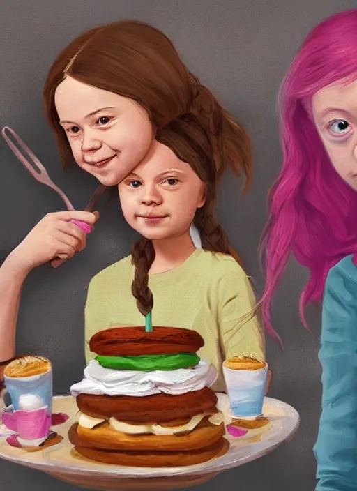 Image similar to greta thunberg eating cakes, detailed digital art, trending on Artstation