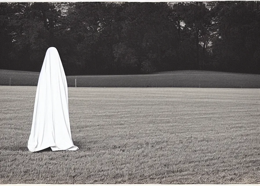 Image similar to white sheet ghost standing in an empty field, by jean charlot