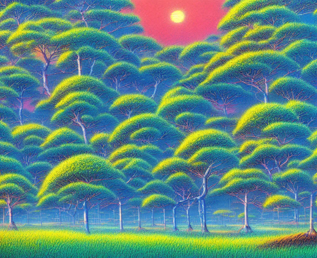 Prompt: a landscape pastel in the style of noriyoshi ohrai and mark tedin of an orchard where all the trees are made of chrome metal. key art. 4 k retrofuturistic fantasy