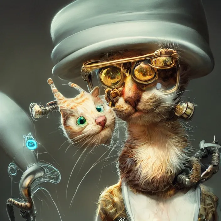 Prompt: complex 3 d render, hyper detailed, ultra sharp, alien cat in the hat, scary, cute, cinematic, head and shoulders, steampunk, natural soft light, rim light, octane render, artstation, art by artgerm and greg rutkowski and alberto seveso, dr seuss