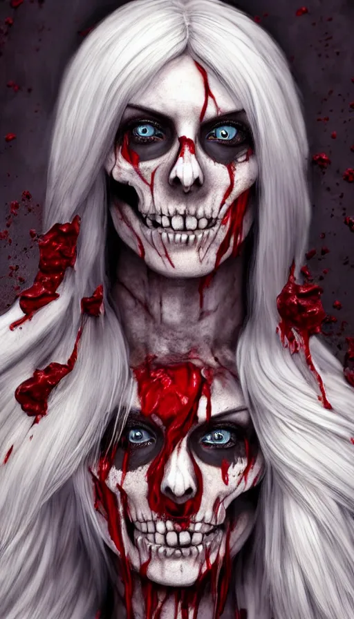 Image similar to skeleton covered with blood, jessica nigri face!!, highly detailed face, long white hair, beautiful blue eyes, black heavy eyeliner, ultra realistic, concept art, intricate details, photorealistic, octane render, 8 k, unreal engine. retro film still, heavy grain, 3 5 mm, art by artgerm and greg rutkowski and alphonse mucha