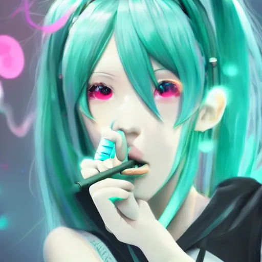 Image similar to hatsune miku smoking weed with a vape pen, smoke coming out of her mouth, bloodshot eyes, artstation, 4 k