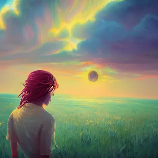 Image similar to a girl reading a book, her hair flowing down, surreal photography, sunrise dramatic light, impressionist painting, colorful clouds, large sky, digital painting, artstation, simon stalenhag, flower face