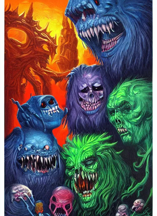 Prompt: creepy monsters, colorful, digital art, fantasy, magic, trending on artstation, ultra detailed, professional illustration,chalk, poster artwork by Basil Gogos , clean