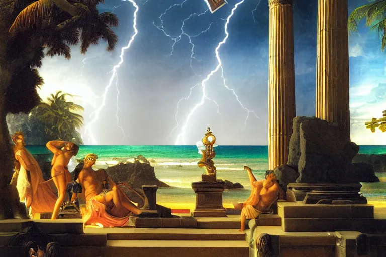 Image similar to Doric temple on front of balustrade and palace columns, refracted lightnings on the ocean, thunderstorm, tarot cards characters, beach and Tropical vegetation on the background major arcana sky and occult symbols, by paul delaroche, hyperrealistic 4k uhd, award-winning, very detailed paradise