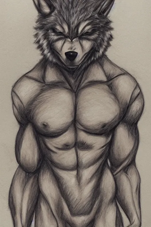 Image similar to master furry artist colored pencil drawing full body portrait character study of the anthro male anthropomorphic wolf fursona animal person bodybuilder at gym