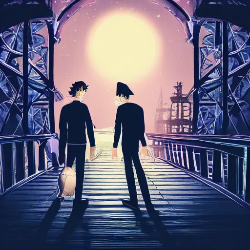 Image similar to two young men, one man human, one man vampire, night, on a bridge,, detailed, intricate, aesthetic, artistic, 8 k resolution in the style of one piece