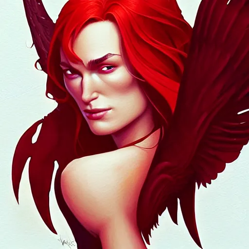 Image similar to beautiful female mage with red hair, keira knightley, black clothing, dark feathered wings, intricate, highly detailed face, cory behance hd by jesper ejsing, by rhads, makoto shinkai and lois van baarle, ilya kuvshinov, rossdraws global illumination