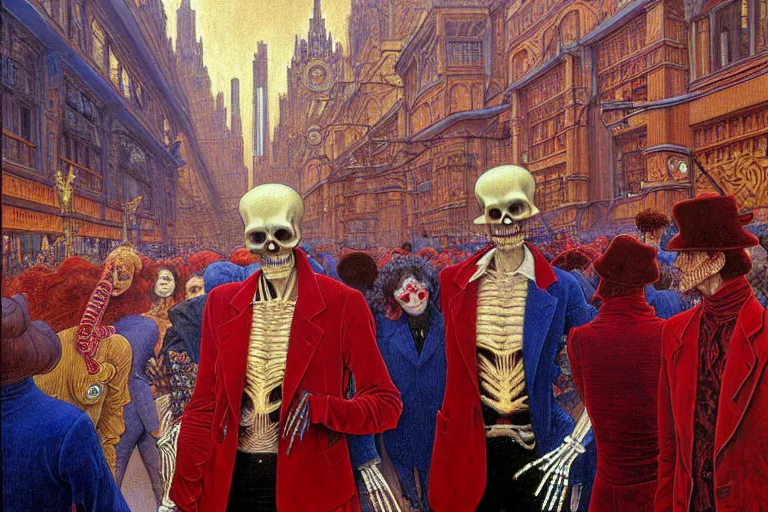 Image similar to realistic detailed portrait painting of a single skeleton wearing red velvet blazer in a crowded futuristic moscow street by Jean Delville, Amano, Yves Tanguy, Alphonse Mucha, Ernst Haeckel, Edward Robert Hughes, Roger Dean, rich moody colours, blue eyes