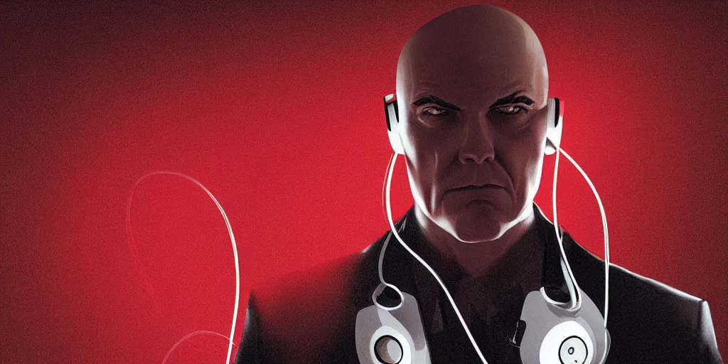 Prompt: agent 4 7 from hitman wearing headphones with wires everywhere listening to music, dark background, red rim light, smooth, sharp focus, art by irina french