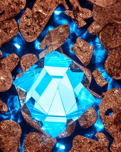 Prompt: beautiful photograph of a diamond filled with intricate cork carvings and copper veins, blue translucent resin, bioluminescent, ultra realistic, ultra detailed, masterpiece, 8 k octane render, ambient diffusion, subsurface scattering, trending on artstation, cgstudio