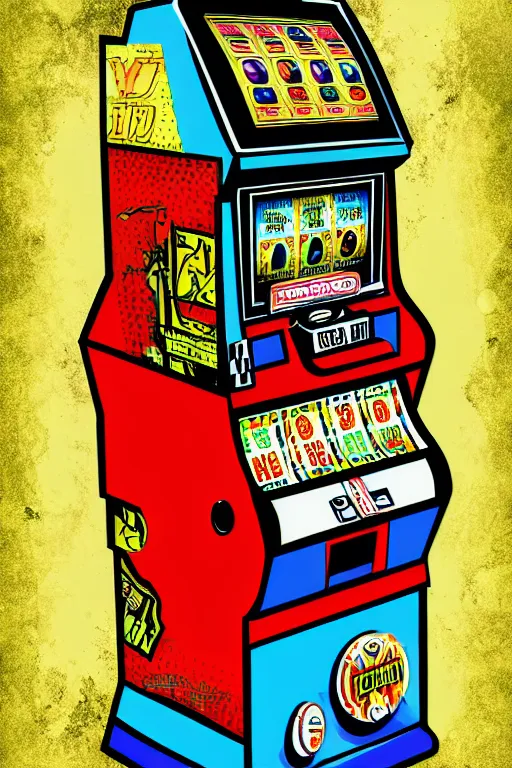 Prompt: slot machine machine, 4 k, acrylic paint style, pencil style, torn magazine style, pop art style, bioshock style, by mike swiderek, jorge lacera, ben lo, tyler west, ultrarealistic, sharp focus, intricate