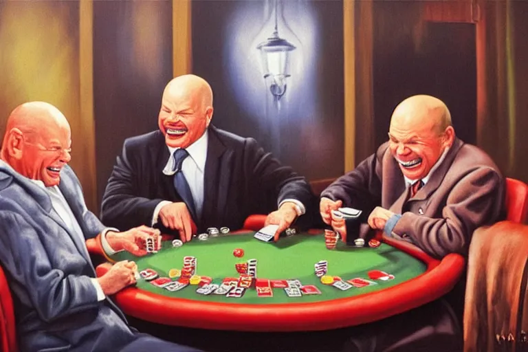 Prompt: don rickles and 1993 johnny carson are laughing and playing poker in a smoky old pub, oil painting by wilson mclean, sharp focus, masterpiece, highly detailed