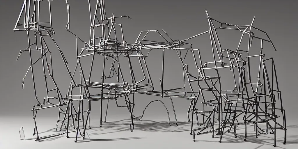 Prompt: small convoluted scaffolding sculpture made with steel and metal, wood planks, rock details joints, cinder blocks, bright construction materials, ratchet straps, photorealistic, studio lighting, product photography, high octane, higly detailed, made with unreal engine, painting by yves tanguy, by nate boyce, sculpted by david smith, by kay sage