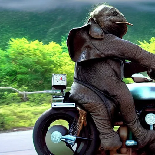 Image similar to elephant yoda riding a motorcycle in the movie born to be wild, cinematic sureal 3d 8k