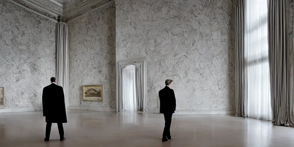 Image similar to Batman standing in giant Italian modern castle living room, clean minimalist design, that is 1300 feet tall, with very tall giant walls filled with modern art paintings, doors that are cosmic portals, photo by Annie Leibovitz