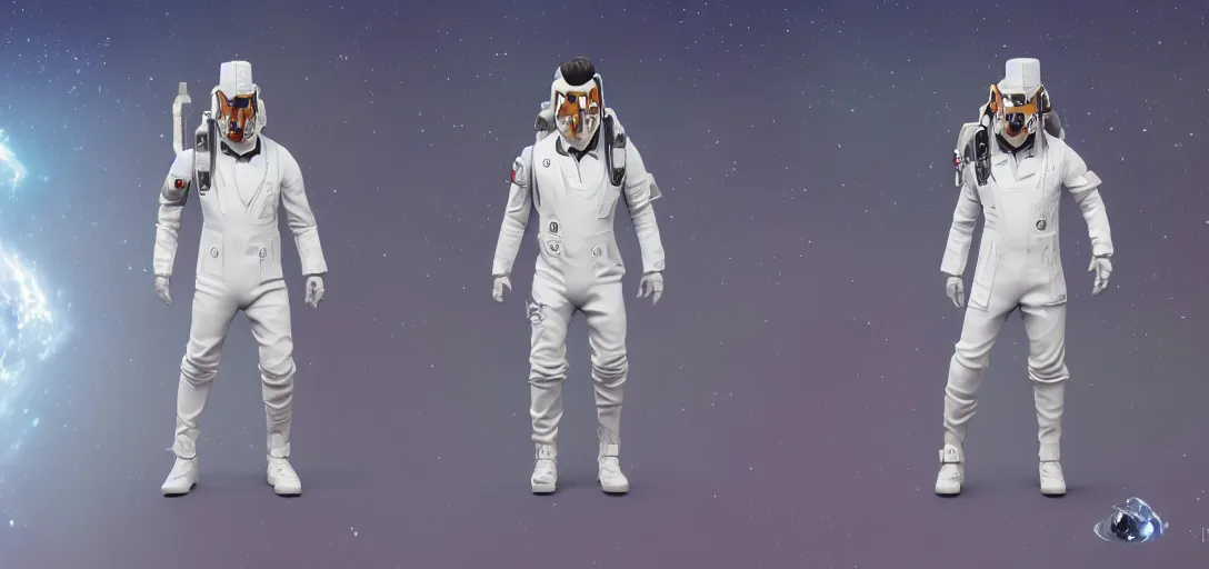 Image similar to character sheet concept art of a galaxy from fortnite wearing a white tuxedo, realistic, hyperrealistic, photographic, costume, wlop, dan mumford, greg rutkowski, high detail, octane render, alexander mcqueen, james gurney, james jean, mucha, photo, 8 k, intricate