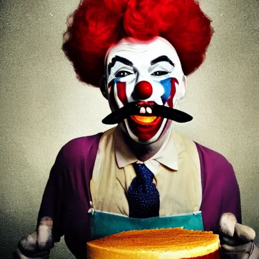 Image similar to happy clown unlocking his jaw in order to devour the world's largest cake, strange photo