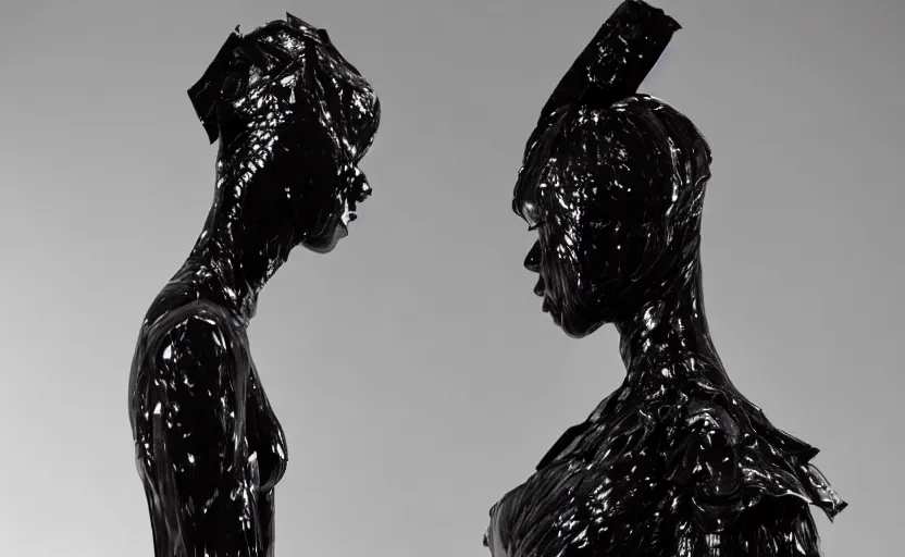 Image similar to extremely beautiful female black statue wearing avant garde huge distorted comme de garcon haute couture gown in the style of rei kawakubo, couture, avant garde, the model is a black glossy marble statue, vogue, fashion, runway, collection, beautifully lit, glossy, hd, 4 k, 8 k, extremely clear focus, sharp, award winning fashion photograph