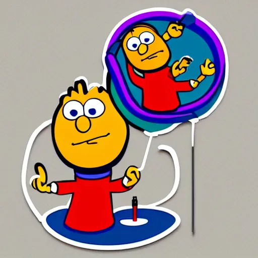 Image similar to svg sticker of a Pop-Wonder Bert&Ernie, Sesame-Street, at a rave, spinning records, giant headphones rocking out, wearing headphones, huge speakers, dancing, rave, DJ, spinning records, digital art, amazing composition, rule-of-thirds, award-winning, trending on artstation, featured on deviantart