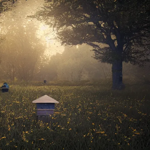 Image similar to hyperrealistic dslr film still of jim carry, bees, trees, stunning 8 k octane comprehensive 3 d render, inspired by istvan sandorfi & greg rutkowski & unreal engine, perfect symmetry, dim volumetric cinematic lighting, extremely hyper - detailed, extremely lifelike attributes & lifelike texture, intricate, masterpiece, artstation, stunning