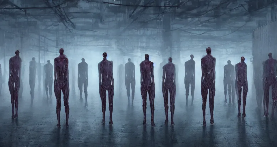 Prompt: illustration of rows of limp human bodies on display in a cold warehouse, refrigerated storage facility, rolling fog, greg rutkowski, cyberpunk, dystopian, dramatic lighting, unreal engine 5, colorful