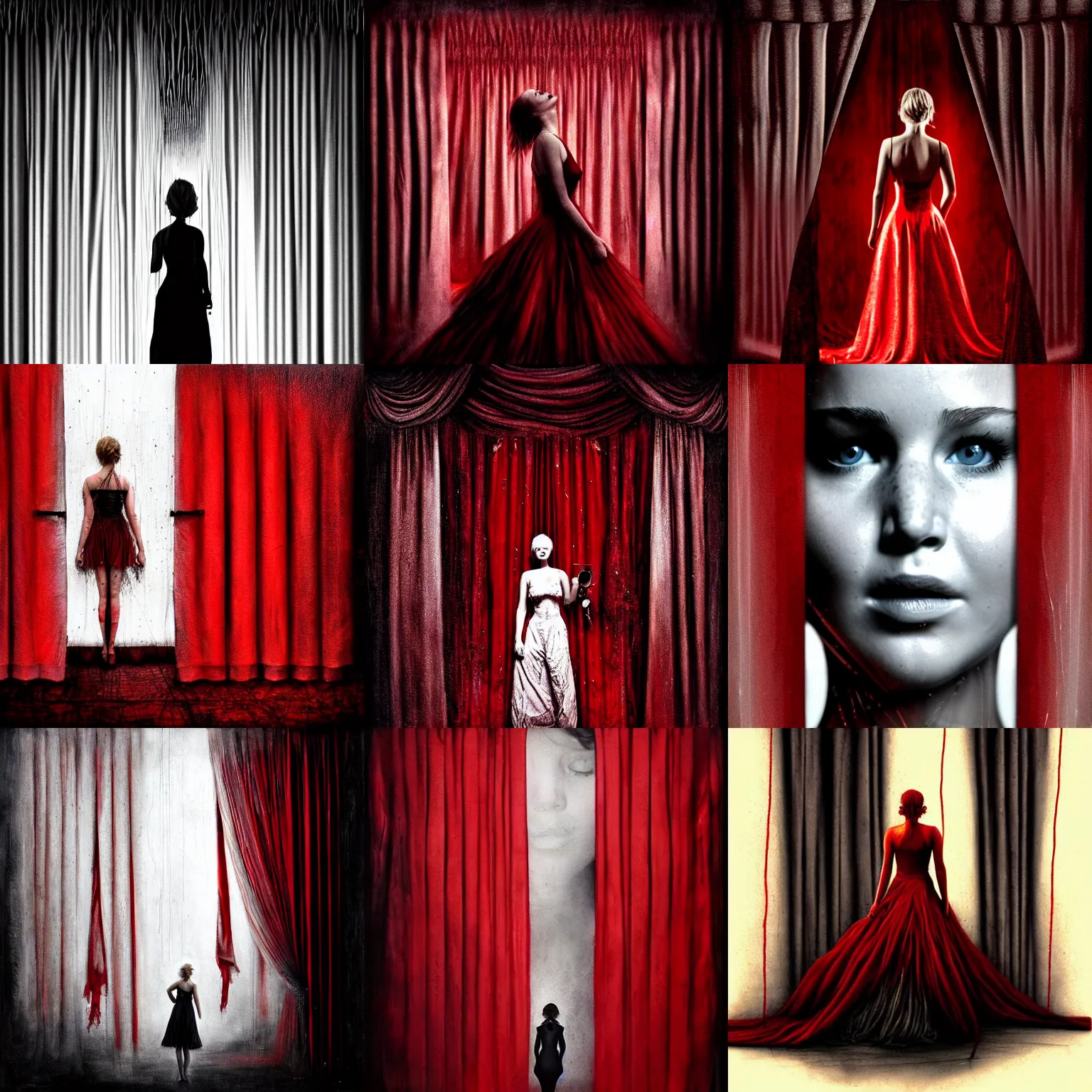 Prompt: Jennifer Lawrence as a puppet strings behind red curtains by Brooke Shaden, big white strings from wrists to ceiling, close-up shot taken from behind, intricate, dystopian, sci-fi, extremely detailed, digital painting, artstation, concept art, smooth, sharp focus, illustration, intimidating lighting, incredible art, details visible, very dark ambiance