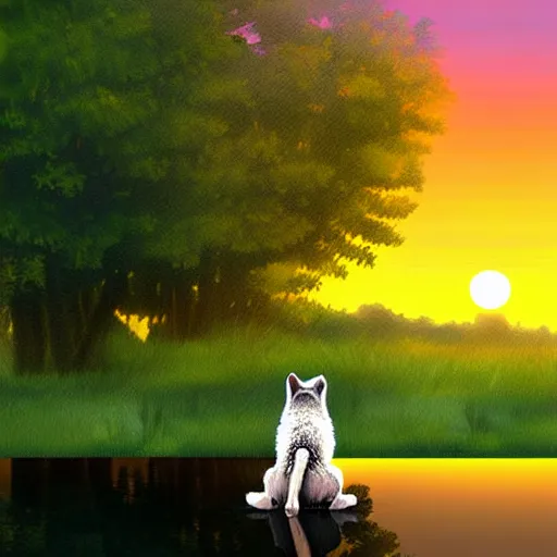 Image similar to view from behind of wolf pup sitting on the shore of a pond, looking out at a sunset, digital art, award winning stunning illustration