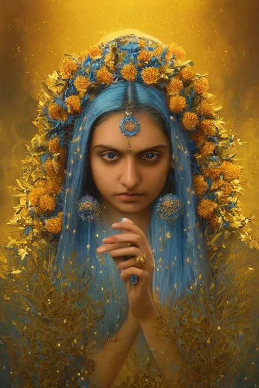 Image similar to a pale Indian girl with golden hair, floral crown, sad blue eyes, cinematic lighting, ultra detailed, highly detailed, sharp focus, golden background with flowers, golden jewellery with blue sapphires, photographic, art by artgerm and greg rutkowski and zdislav beksinski