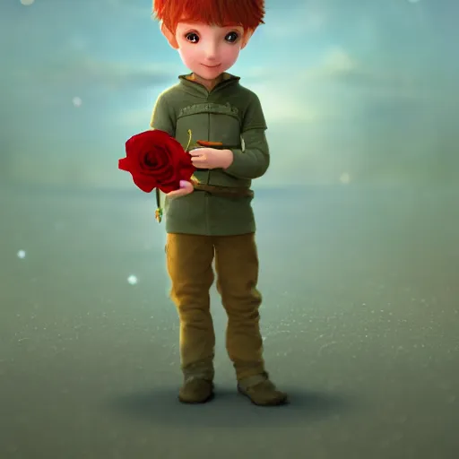 Prompt: the little prince holding a red rose illustration, bokeh, octane render, award winning, trending on art station