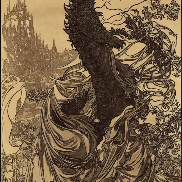 Image similar to Godzilla, Alphonse Mucha